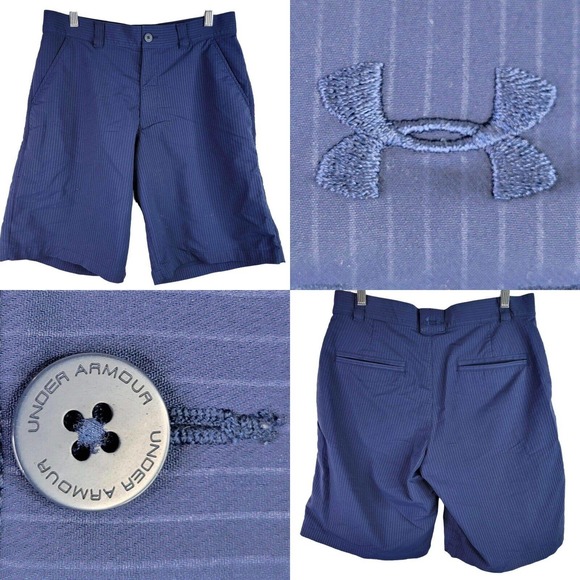 Under Armour UA Mens 34 x 11" Navy Blue Stripe Performance Golf Shorts Flat - Picture 1 of 9